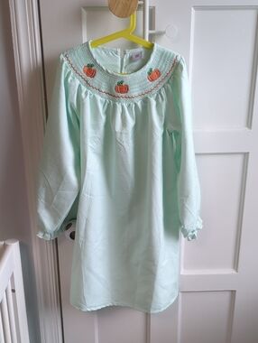 Vintage Style Bishop Dress In Mint With Pumpkin Smocked Details